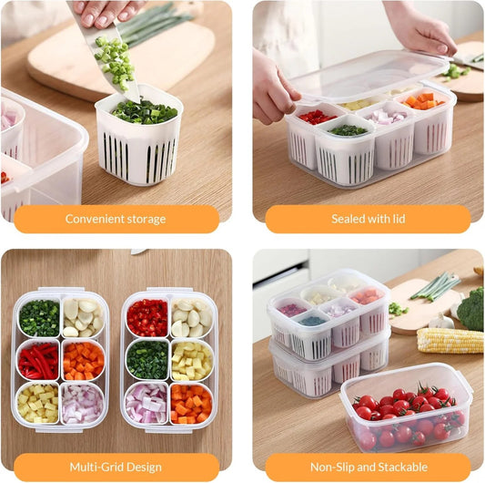 6-In-1 Kitchen Storage Box with Drain Basket β Refrigerator Fresh Keeping Food Container