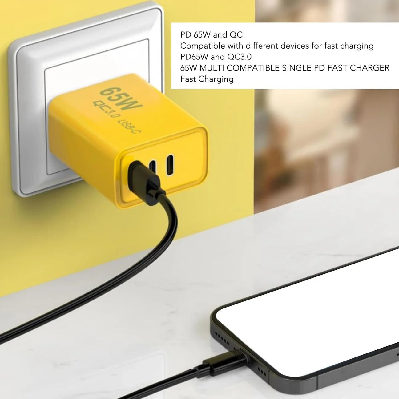 65W Fast Charging Adapter QC 3.0 + USB-C PD | Super Fast Wall Charger (3 Port)